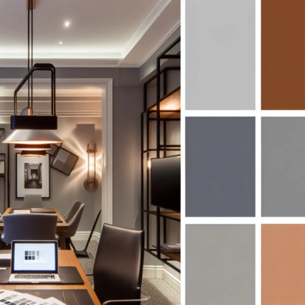 Projektant wnętrz omawiający plan remontu z klientem przy biurku.