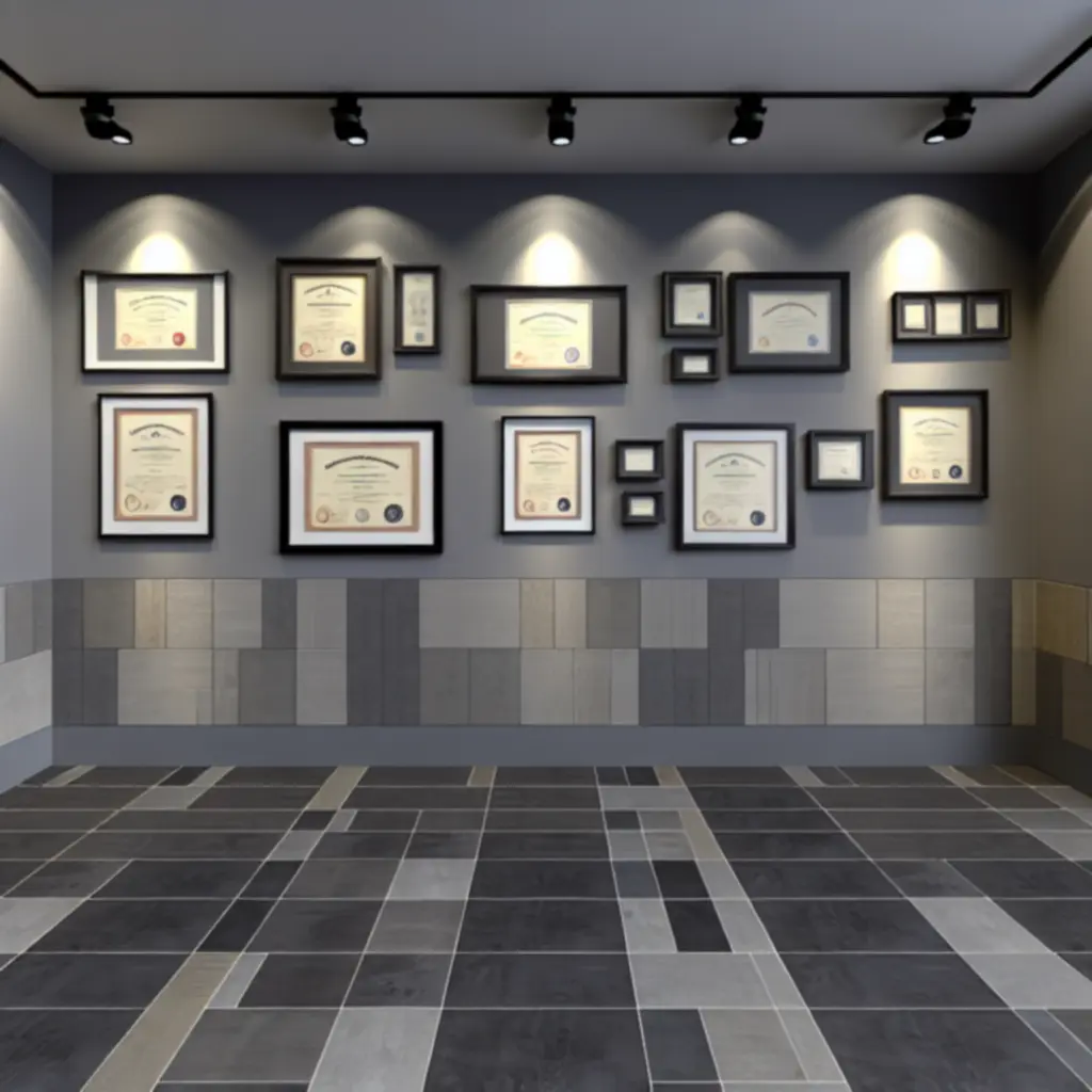 Ściana z ramkami prezentującymi certyfikaty i wyróżnienia CityRenovationPL