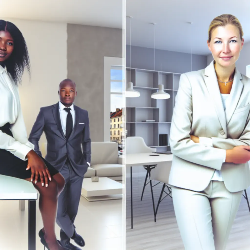 Liderzy zespołu CityRenovationPL stojący razem w nowoczesnym wnętrzu biurowym.